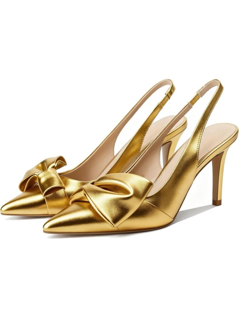 Women's Pu Gold Slingback Heels with Bow Pointed Toe Pumps Dress Shoes